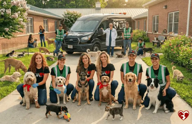 Rescue team and dogs gathered in front of the shelter van
